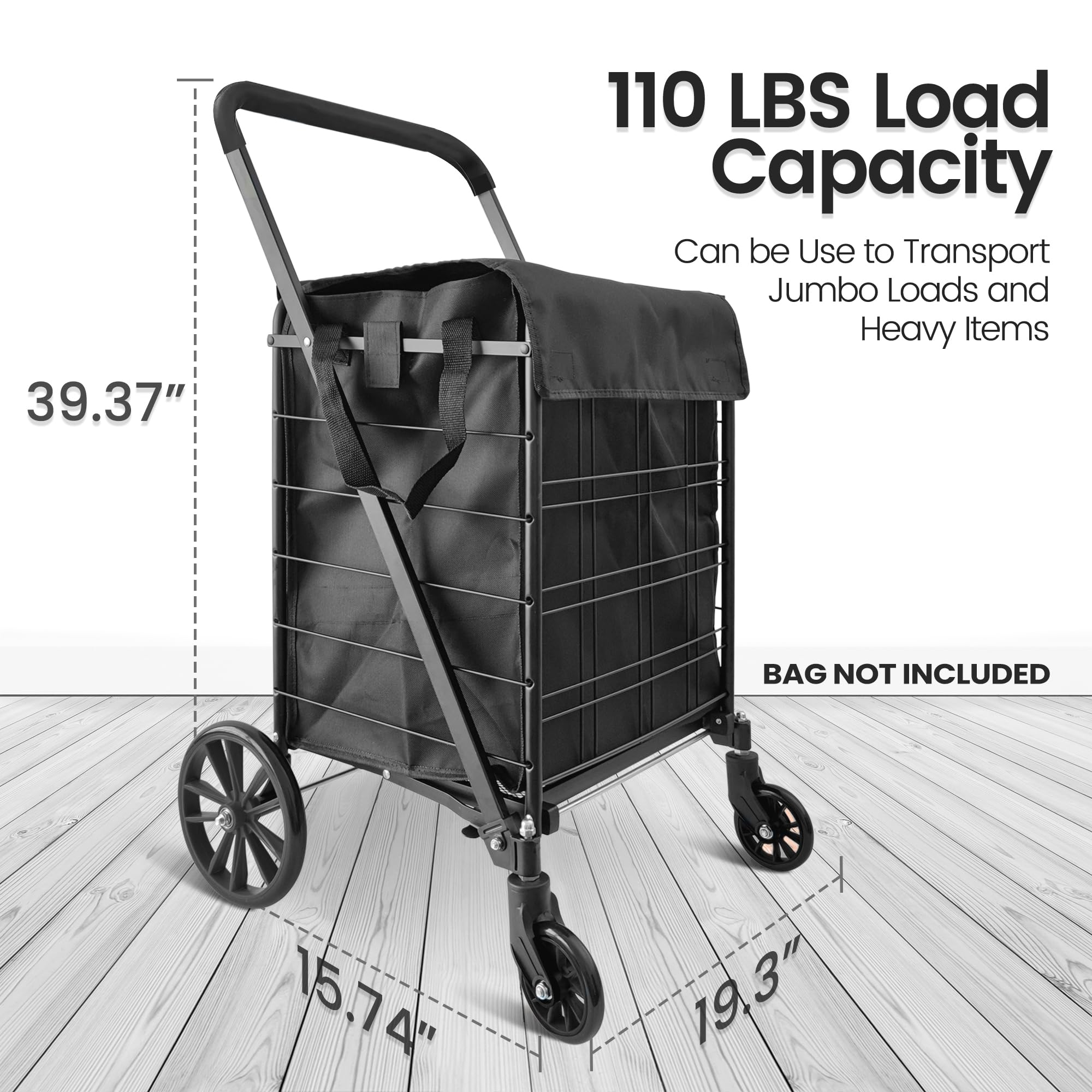 SereneLife Folding Grocery Utility Shopping Supermarket Cart with 360 Rolling Swivel Wheels, Large Capacity 110 lbs, Portable, Collapsible Compact Folding, for Grocery, Laundry, Luggage