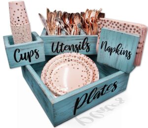 rustic sisters kitchen countertop paper plate utensil holder caddy - organizer for plates, cups, cutlery and napkins - perfect for parties, bbqs and outdoor gatherings - rustic blue fir wood