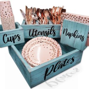 Rustic Sisters Kitchen Countertop Paper Plate Utensil Holder Caddy - Organizer for Plates, Cups, Cutlery and Napkins - Perfect for Parties, BBQs and Outdoor Gatherings - Rustic Blue Fir Wood