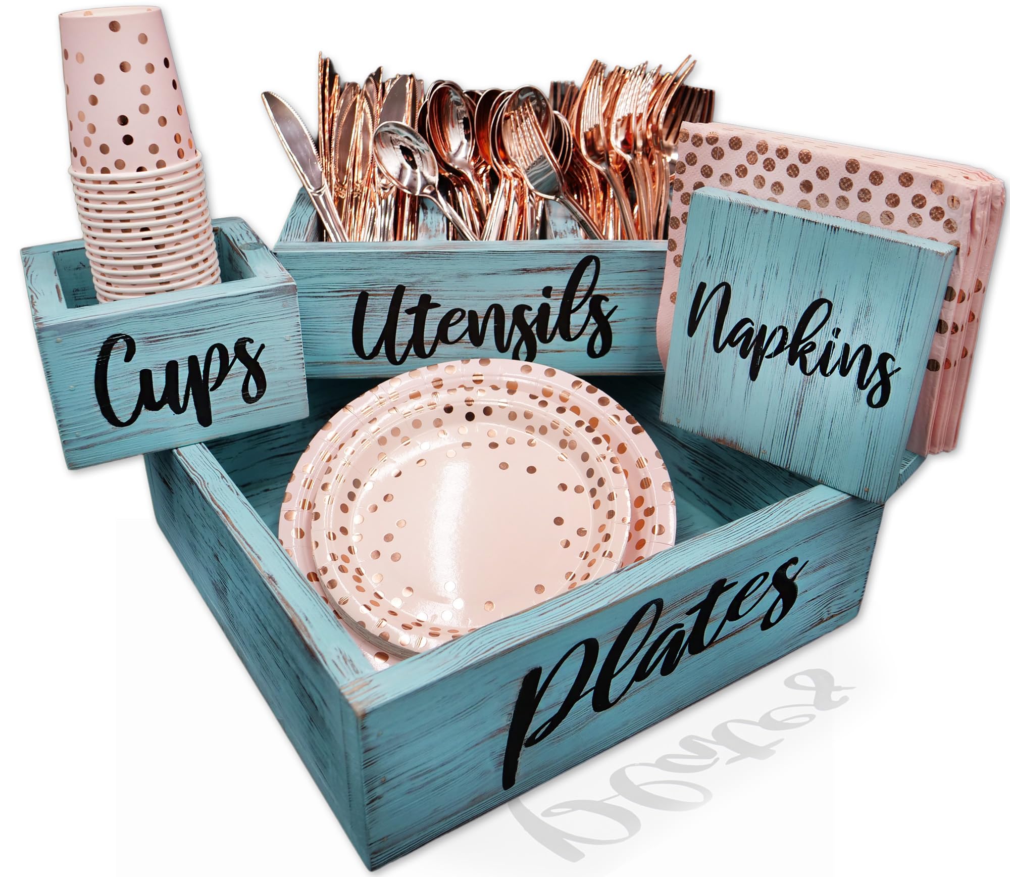 Rustic Sisters Kitchen Countertop Paper Plate Utensil Holder Caddy - Organizer for Plates, Cups, Cutlery and Napkins - Perfect for Parties, BBQs and Outdoor Gatherings - Rustic Blue Fir Wood