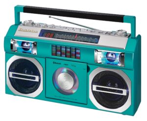 studebaker vintage aqua turquoise 80's retro street bluetooth wireless streaming boombox rechargeable battery, cd/mp3 player, am/fm, usb, multi color led eq, full-range high bass speakers & ac/dc -