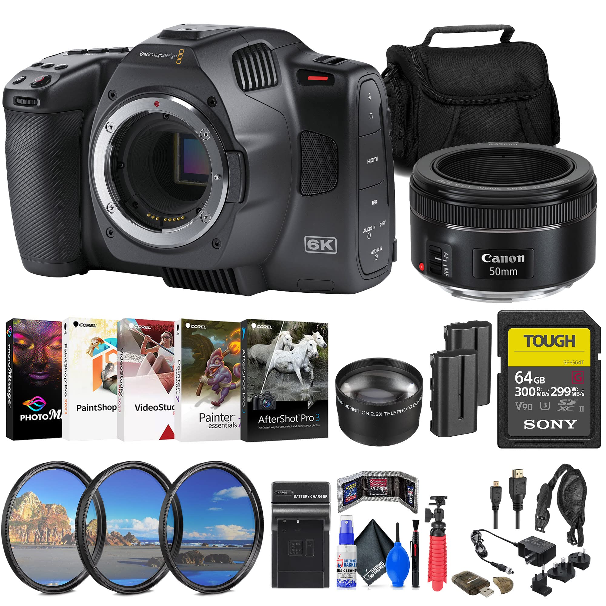 Blackmagic Design Pocket Cinema Camera 6K G2 (CINECAMPOCHDEF6K2) + Canon EF 50mm Lens (0570C002) + 64GB SF-G Tough Card + NP-F550 Battery Pack + Filter Kit + Telephoto Lens + Bag + More