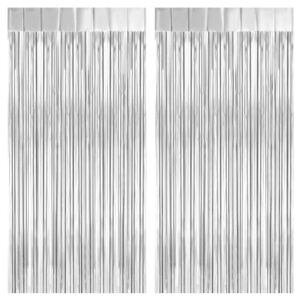 2 pack silver foil fringe curtain backdrop, 3.2ft x 8.2ft metallic tinsel foil fringe streamer curtains for party photo booth props bachelorette birthday bridal shower christmas decorations