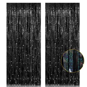 2 pack 3.2ft x 8.2ft black tinsel foil fringe curtain, sparkle metallic foil backdrop for party photo booth props new years eve birthday bridal shower bachelorette holiday decorations supplies