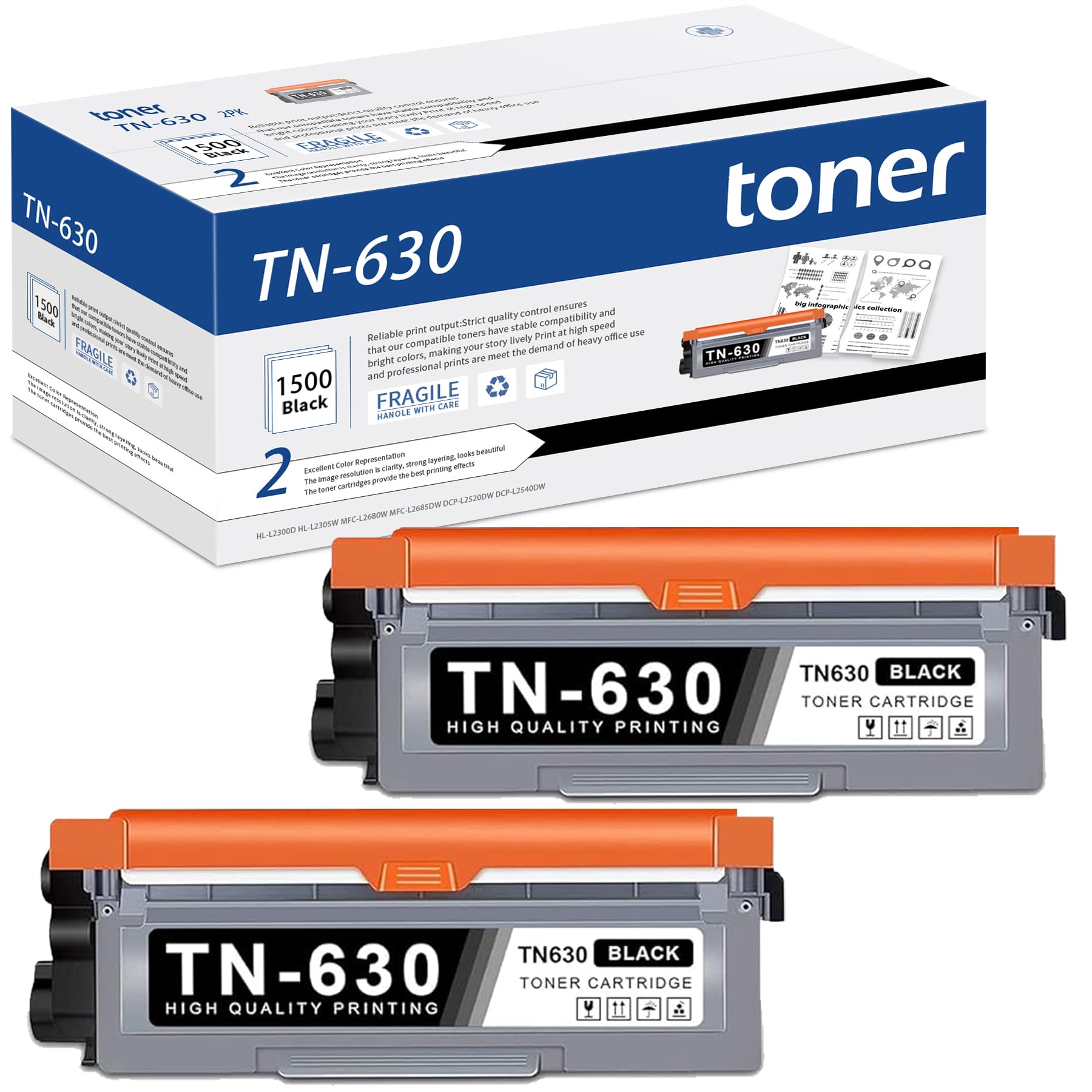 TN630 TN-630 Toner Cartridge 2 Pack Compatible Replacement for Brother TN630 Black Toner Cartridge MFC-L2707DW L2720DW L2740DW DCP-L2520DW L2540DW HL-L2340DW L2360DW L2380DW Printer Toner - by SAO