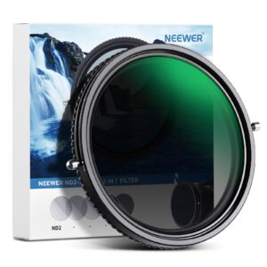 neewer 2 in 1 82mm variable nd filter nd2–nd32&cpl filter(circular polarizer filter) no x cross/30 layer nano coated/hd optical glass/ultra slim aluminum alloy frame/water repellent/scratch resistant
