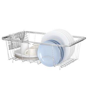 sink dish drying rack, 304 stainless steel rustproof expandable dish drainer organizer with stainless steel silverware holder over inside sink-adjustable 14.96" to 20.59" （maximium 11 upright dishes ）