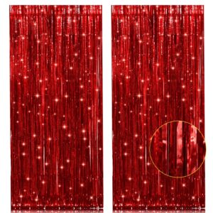 2 pack red metallic tinsel foil fringe curtain, 3.2ft x 8.2ft tinsel curtain party photo backdrop streamers for door wall window curtains background birthday christmas valentines day decorations