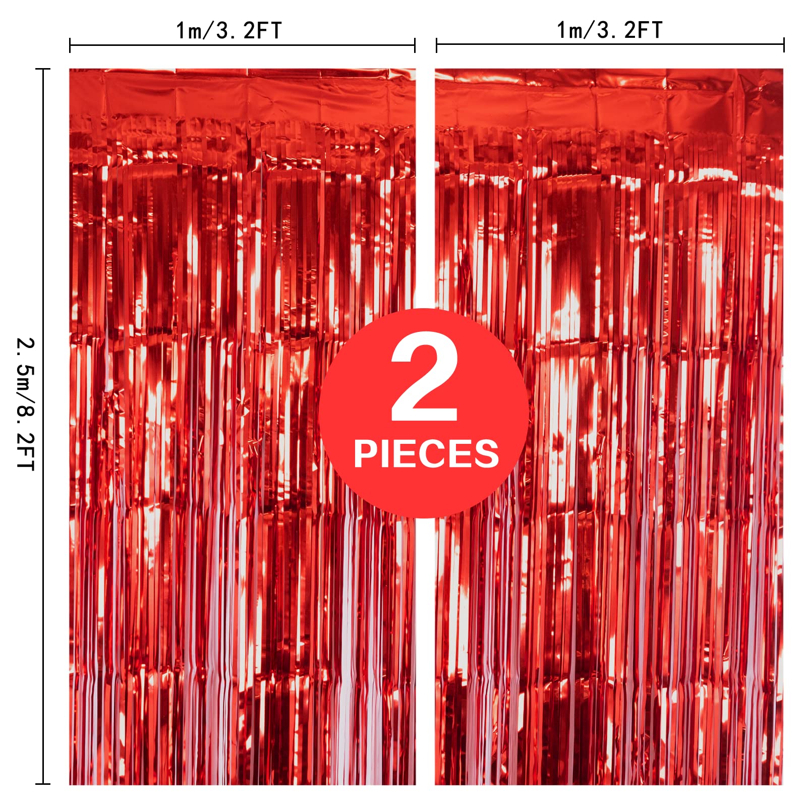 2 Pack Red Metallic Tinsel Foil Fringe Curtain, 3.2Ft x 8.2Ft Tinsel Curtain Party Photo Backdrop Streamers for Door Wall Window Curtains Background Birthday Christmas Valentines Day Decorations