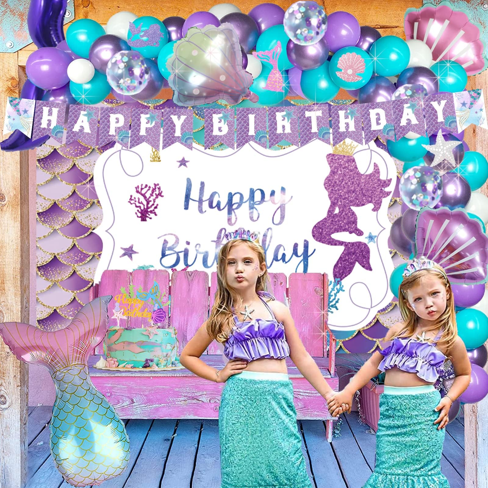 Fiesec Mermaid Birthday Party Decorations, Mermaid Backdrop Balloon Garland Arch Cutout Banner Tablecloth Cake Cupcake Topper Seashell Mermaid Tail Gold Teal Blue Purple 113 PCs