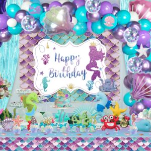 Fiesec Mermaid Birthday Party Decorations, Mermaid Backdrop Balloon Garland Arch Cutout Banner Tablecloth Cake Cupcake Topper Seashell Mermaid Tail Gold Teal Blue Purple 113 PCs