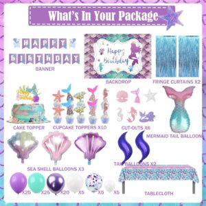 Fiesec Mermaid Birthday Party Decorations, Mermaid Backdrop Balloon Garland Arch Cutout Banner Tablecloth Cake Cupcake Topper Seashell Mermaid Tail Gold Teal Blue Purple 113 PCs