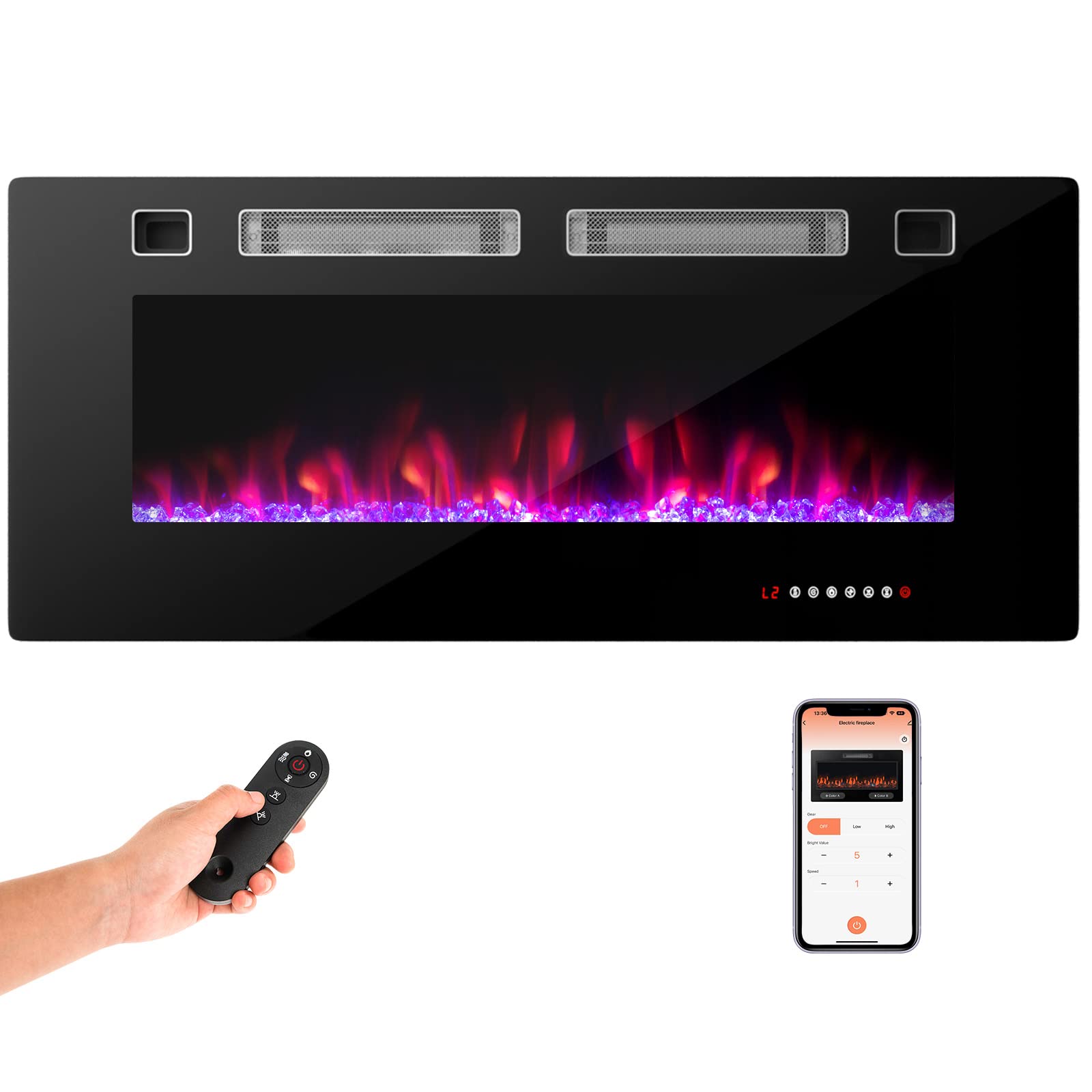 COSTWAY 42-Inch Wide Electric Fireplace, 3.19-Inch Deep Ultra-Thin Wall-Mounted and Recessed Fireplace Heater, Decorative Crystal Included, 12 Flame Color, Remote Control and Smart APP Control, 1500W