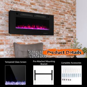 COSTWAY 42-Inch Wide Electric Fireplace, 3.19-Inch Deep Ultra-Thin Wall-Mounted and Recessed Fireplace Heater, Decorative Crystal Included, 12 Flame Color, Remote Control and Smart APP Control, 1500W