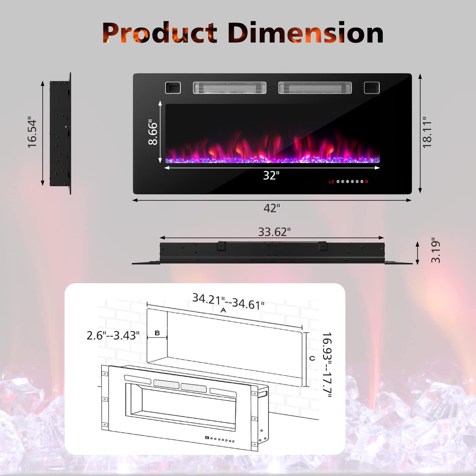 COSTWAY 42-Inch Wide Electric Fireplace, 3.19-Inch Deep Ultra-Thin Wall-Mounted and Recessed Fireplace Heater, Decorative Crystal Included, 12 Flame Color, Remote Control and Smart APP Control, 1500W