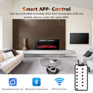 COSTWAY 42-Inch Wide Electric Fireplace, 3.19-Inch Deep Ultra-Thin Wall-Mounted and Recessed Fireplace Heater, Decorative Crystal Included, 12 Flame Color, Remote Control and Smart APP Control, 1500W