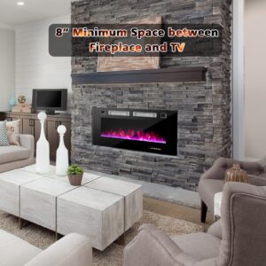 COSTWAY 42-Inch Wide Electric Fireplace, 3.19-Inch Deep Ultra-Thin Wall-Mounted and Recessed Fireplace Heater, Decorative Crystal Included, 12 Flame Color, Remote Control and Smart APP Control, 1500W