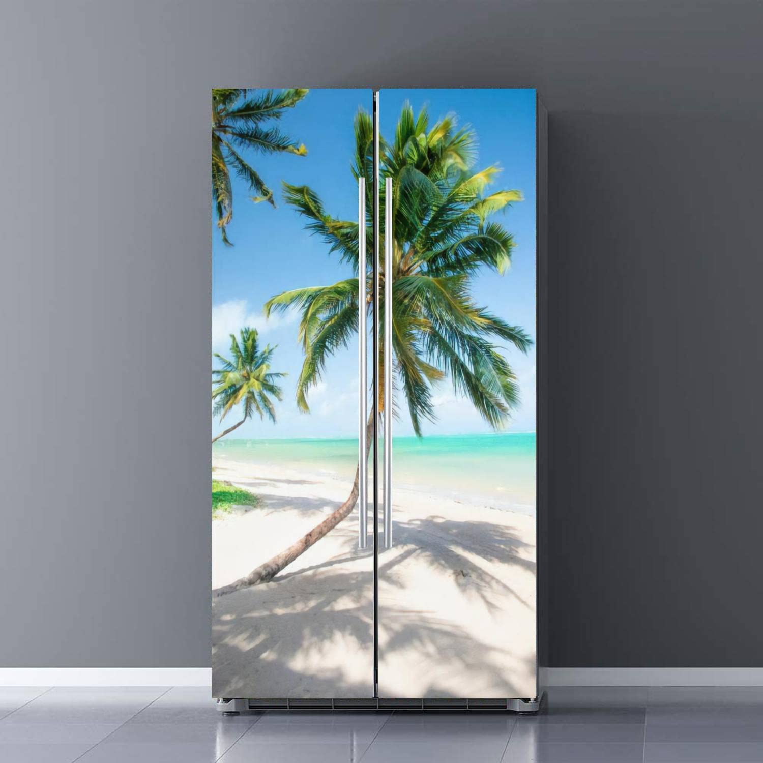 Self Adhesive Vinyl Refrigerator Wrap Set Tropical Palm Tree Beach Turquoise Seascape Nautical Relaxing Ocean Beach Theme Door Mural Removable Fridge Sticker Peel and Stick Kitchen Decor