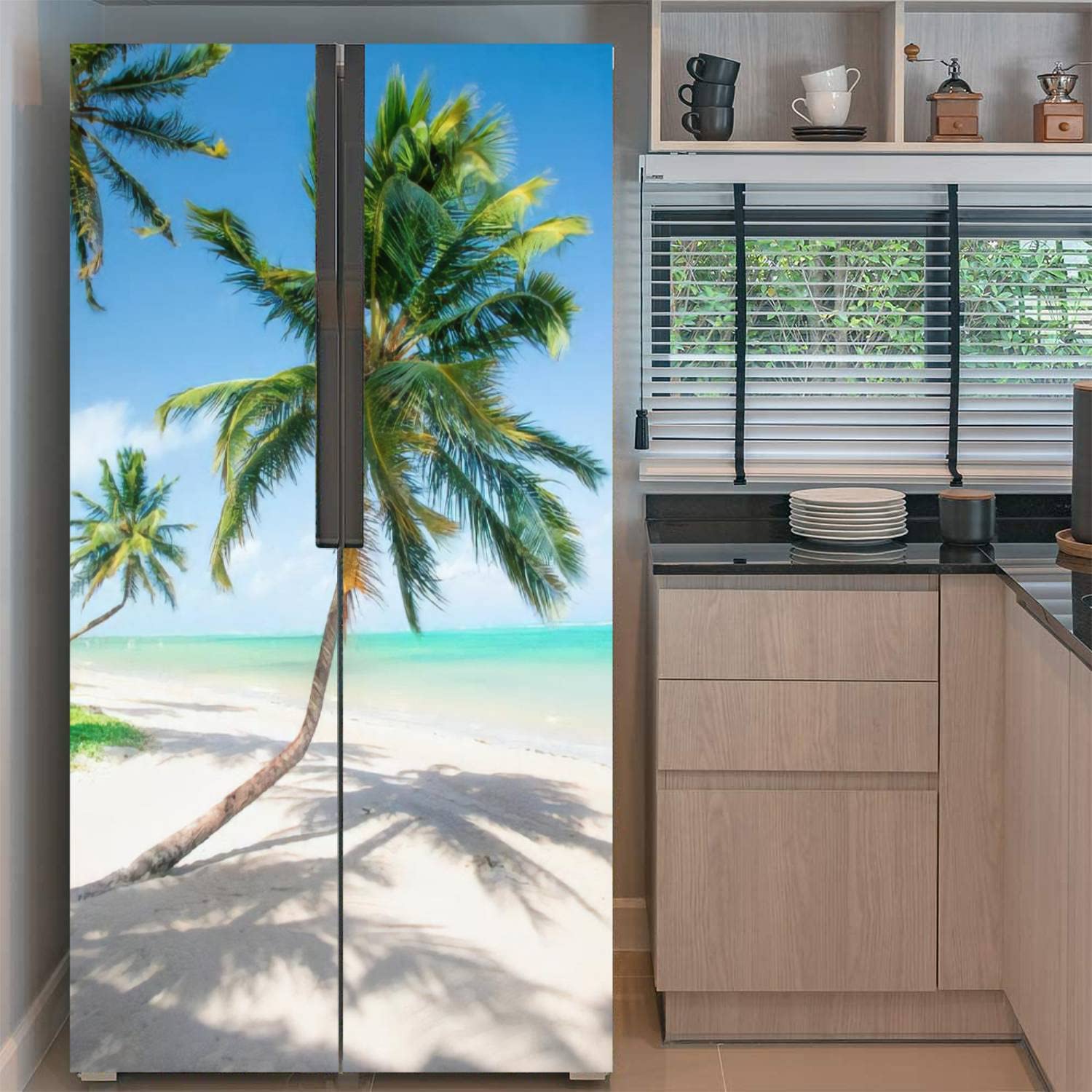 Self Adhesive Vinyl Refrigerator Wrap Set Tropical Palm Tree Beach Turquoise Seascape Nautical Relaxing Ocean Beach Theme Door Mural Removable Fridge Sticker Peel and Stick Kitchen Decor