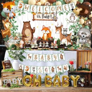 Woodland Animals Baby Shower Decoration Pack Forest Animal Neutral Gender Reveal Party Supplies Woodland Themed Birthday Party Ideas Set 106 Pcs Backdrop, Tablecloth, Cake Toppers, Balloons (Woodland