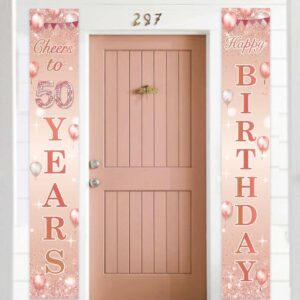 Happy Birthday Rose Gold Banner Cheers to 50 Years Backdrop Balloon Confetti Theme Decor Decorations for Front Door Porch Women 50th Birthday Party Pink Birthday Party Supplies Bday Favors Glitter