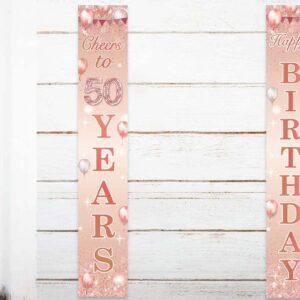 Happy Birthday Rose Gold Banner Cheers to 50 Years Backdrop Balloon Confetti Theme Decor Decorations for Front Door Porch Women 50th Birthday Party Pink Birthday Party Supplies Bday Favors Glitter