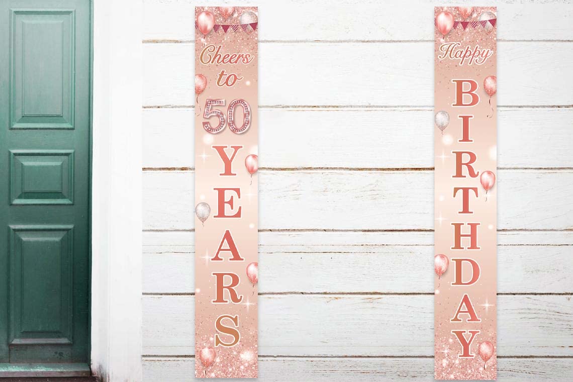 Happy Birthday Rose Gold Banner Cheers to 50 Years Backdrop Balloon Confetti Theme Decor Decorations for Front Door Porch Women 50th Birthday Party Pink Birthday Party Supplies Bday Favors Glitter