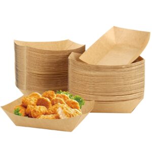 senenqu 250 pcs 3 lb paper food boats disposable kraft brown paper food trays, take out food serving boats trays for party snacks,nachos,hot dogs boats tacos bbq tray