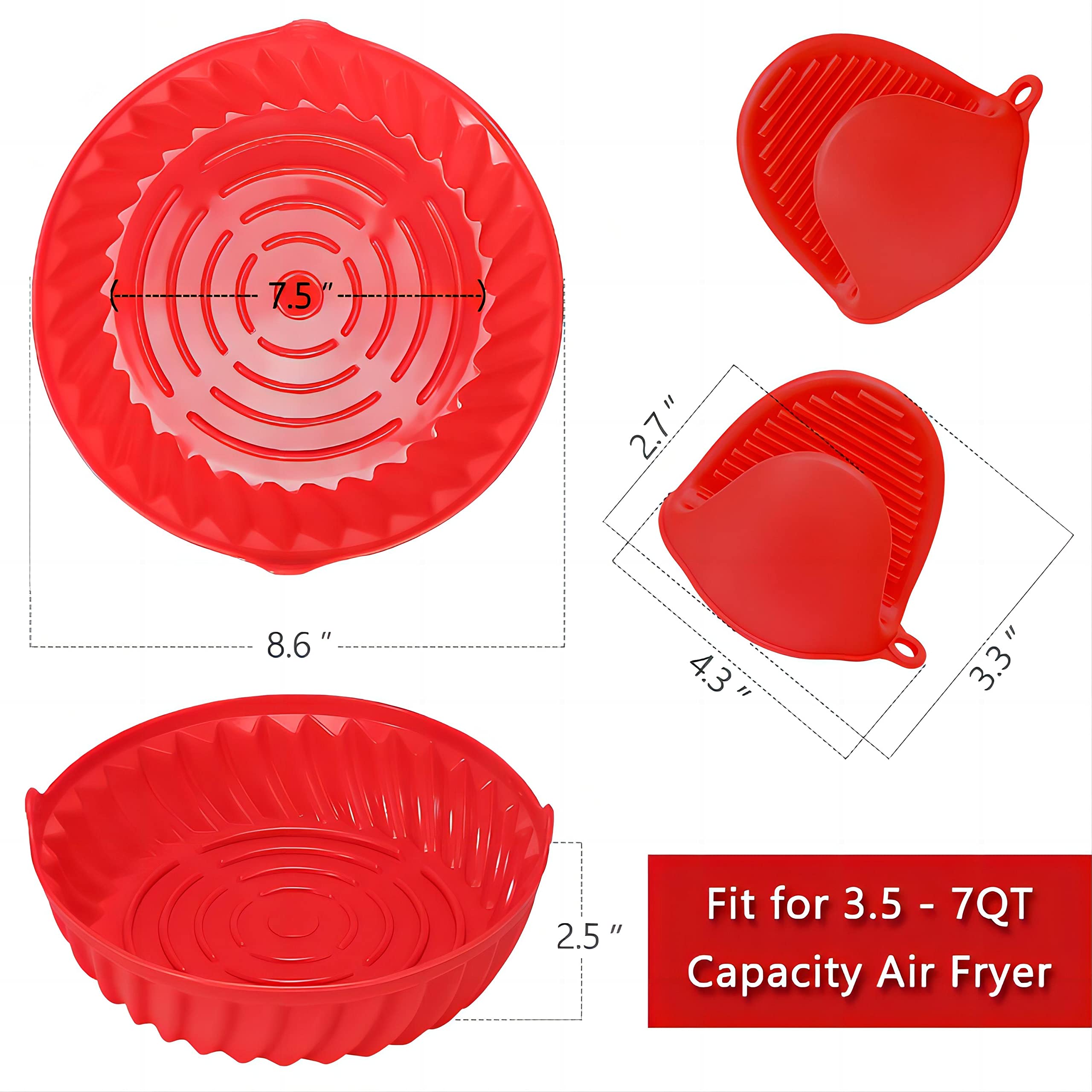 Air Fryer Silicone Liners - 8.6inch Reusable Silicone Air Fryer Liners,With Heat-resistant Gloves,Baking Food Safe For 3.5-7QT Air Fryer Basket,Easy Clean-up(Red)