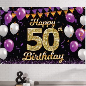4 x 6ft happy 50th birthday party decorations banner gold and black sign - cheers to 50 years anniversary purple photo booth backdrop party supplies for women and men