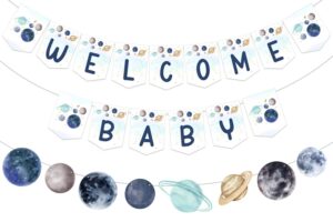 fangleland outer space baby shower banner garland for boy, universe welcome baby banner decor for galaxy planet themed party supplies