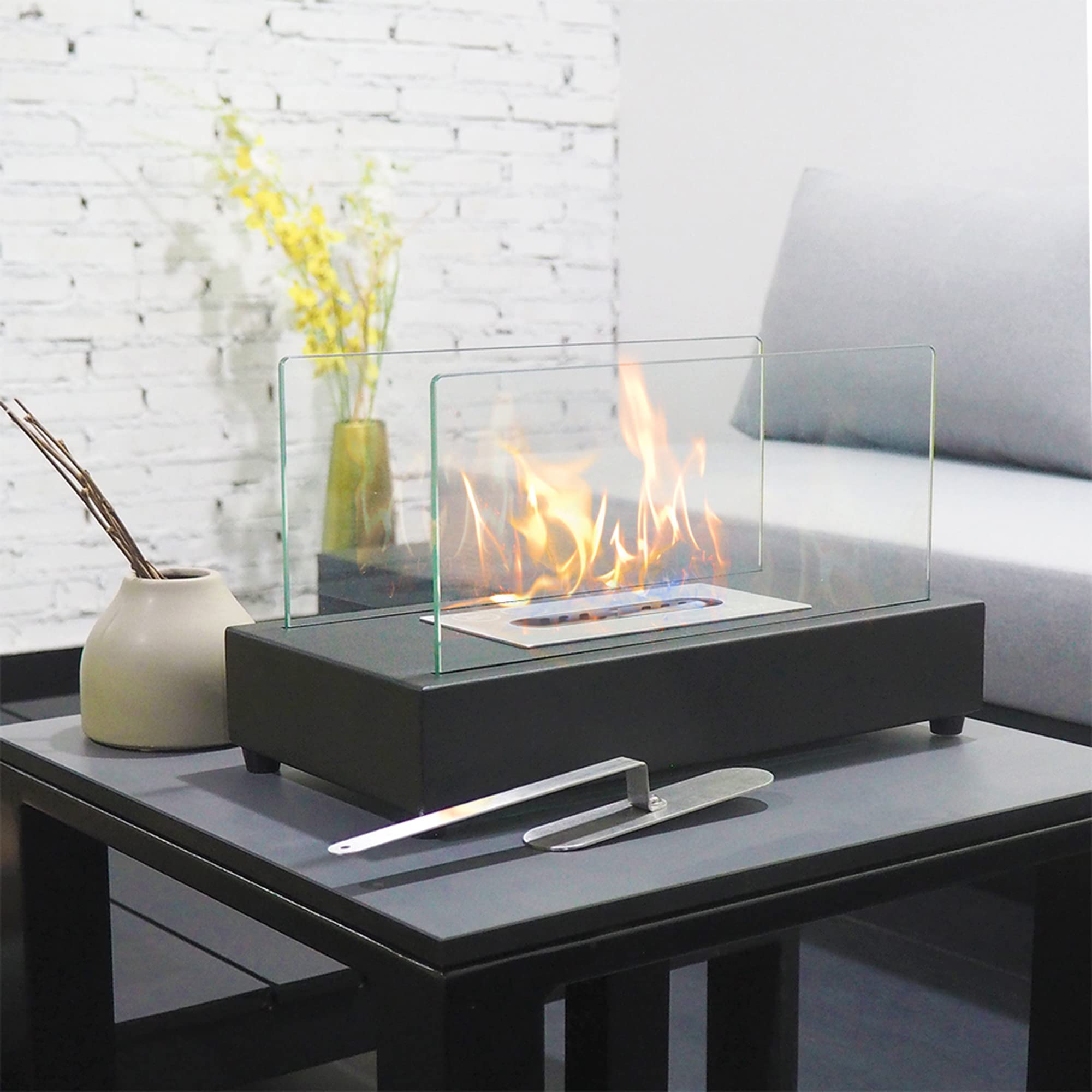 Tabletop Fireplace, Portable Rectangle Ventless Black Fire Pit Bowl Pot Indoor Outdoor, Bio Ethanol Clean Burning