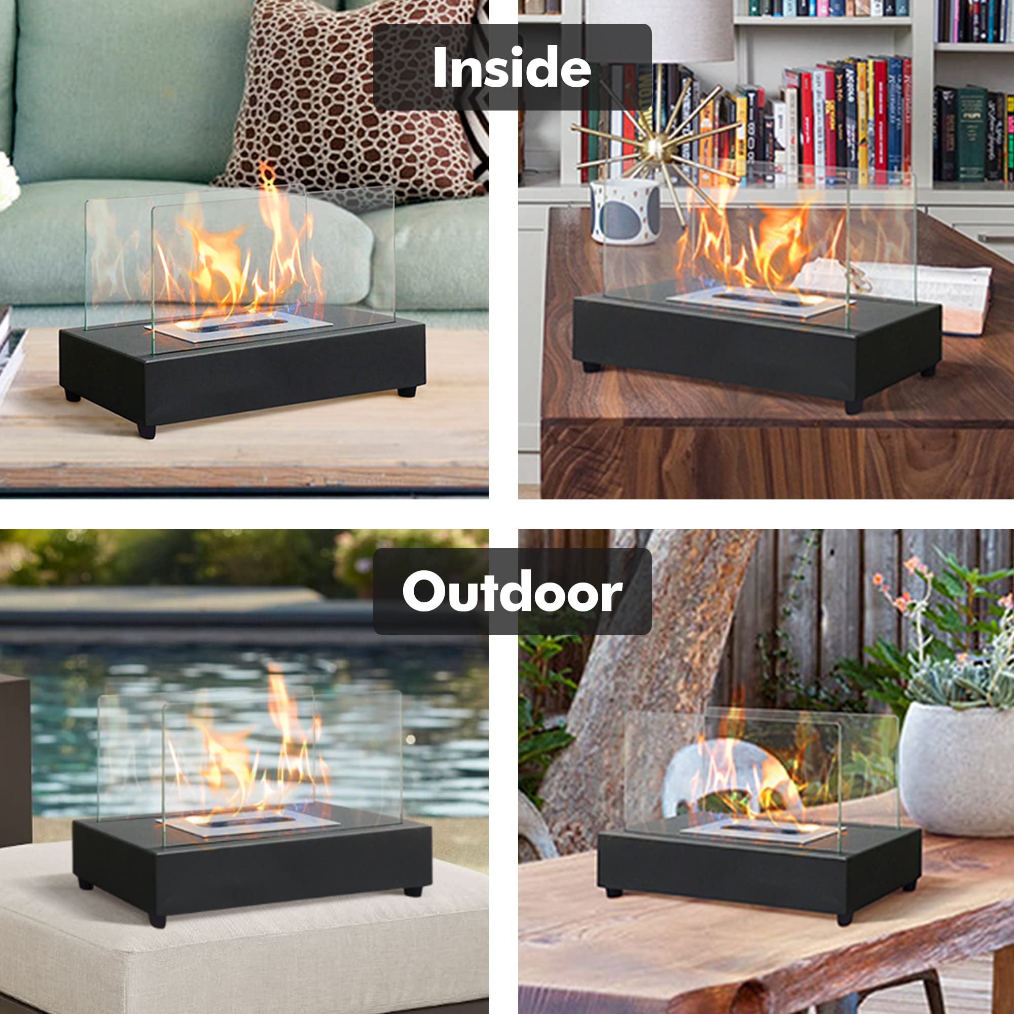 Tabletop Fireplace, Portable Rectangle Ventless Black Fire Pit Bowl Pot Indoor Outdoor, Bio Ethanol Clean Burning