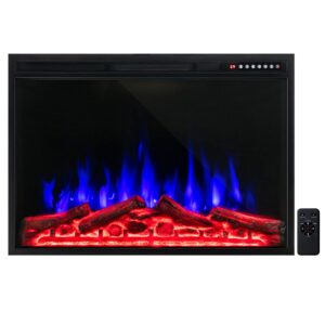 costway 37-inch electric fireplace, wall-mounted and recessed fireplace heater with 4 flame and log colors, 5-level flame speed and brightness, remote control, 8h timer, overheat protection, 1500w