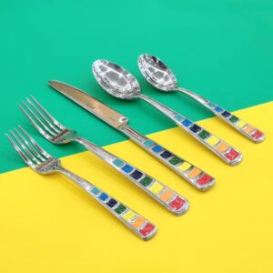 unique colorful silverware set for 6, modern stainless steel flatware cutlery tableware utensil set knives forks spoons,dinnerware sets for christmas party kitchen wedding gifts 30-piece