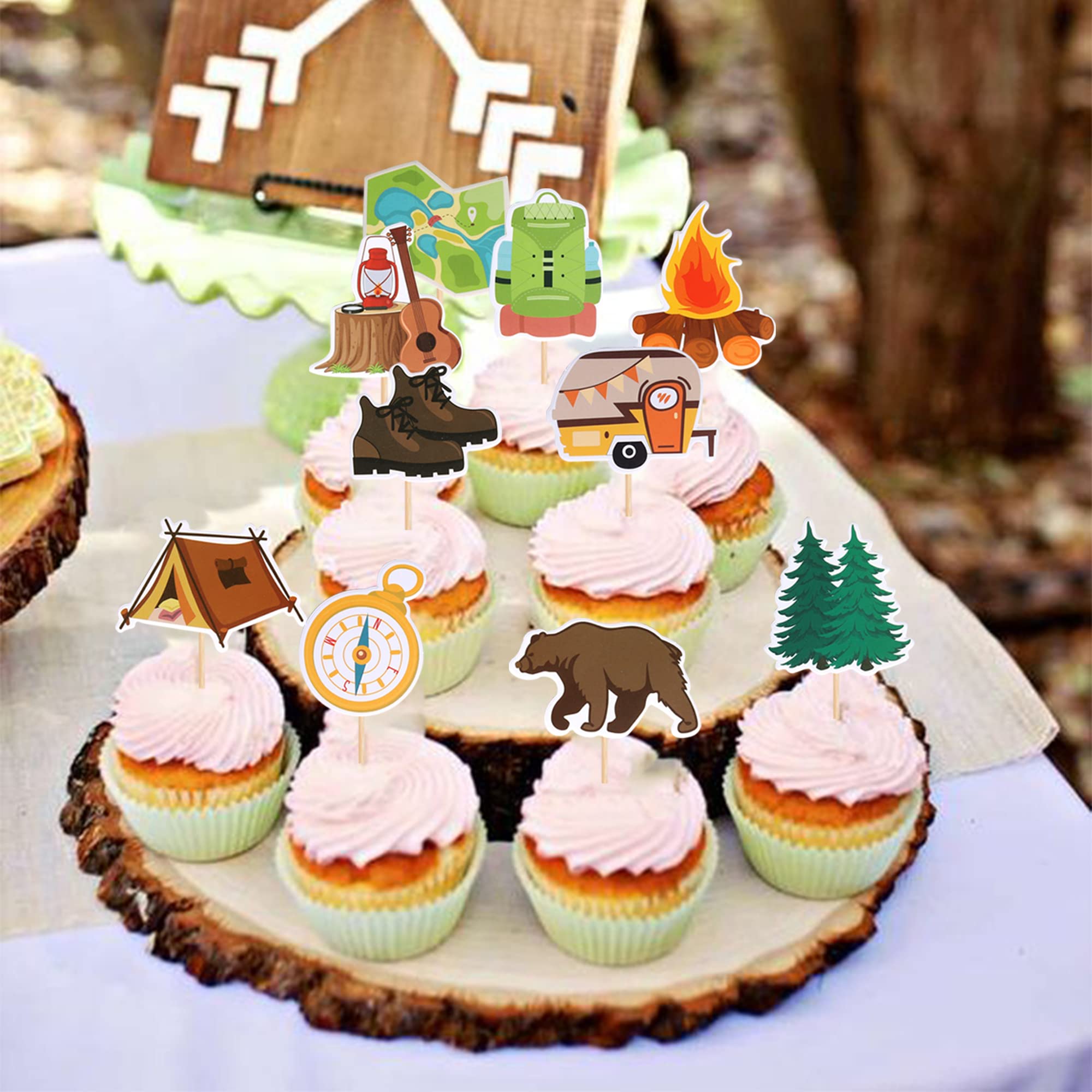 30 PCS Camper Themed Cupcake Toppers Tree Bear Tent Bonfire Guitar Cupcake Picks Happy Camping Cake Decorations for Weekend Outdoor BBQ Camper Woodland Lumberjack Theme Birthday Party Supplies