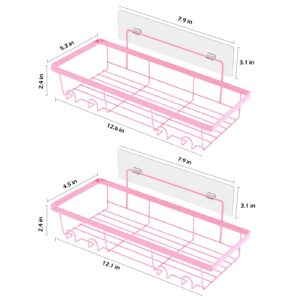 Durmmur 2 Pack Adhesive Shower Caddy Organizer with Hooks, Rustproof No Drilling Wall Mounted Storage Shelf Rack for Inside Shower/Bathroom/Kitchen (Pink)