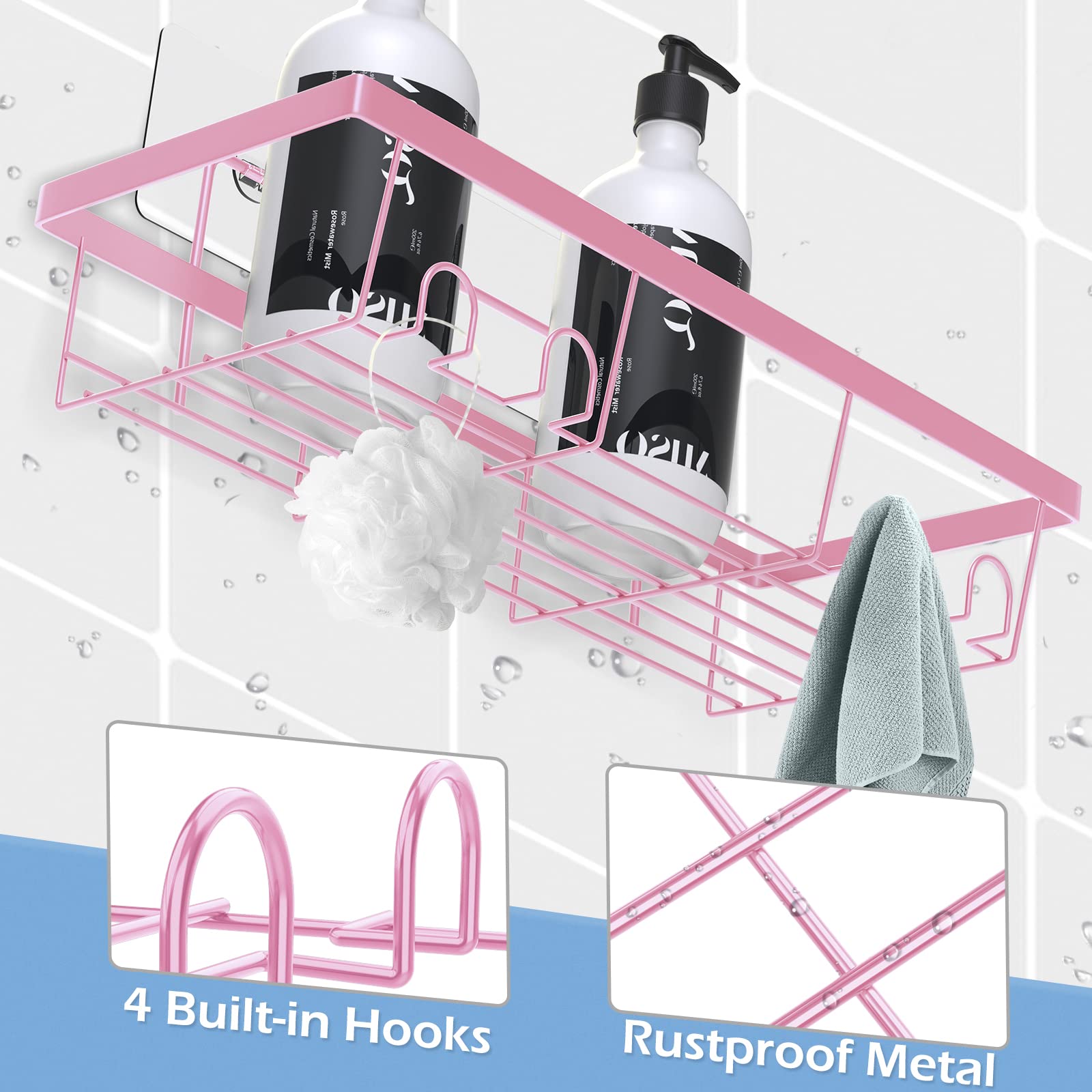 Durmmur 2 Pack Adhesive Shower Caddy Organizer with Hooks, Rustproof No Drilling Wall Mounted Storage Shelf Rack for Inside Shower/Bathroom/Kitchen (Pink)