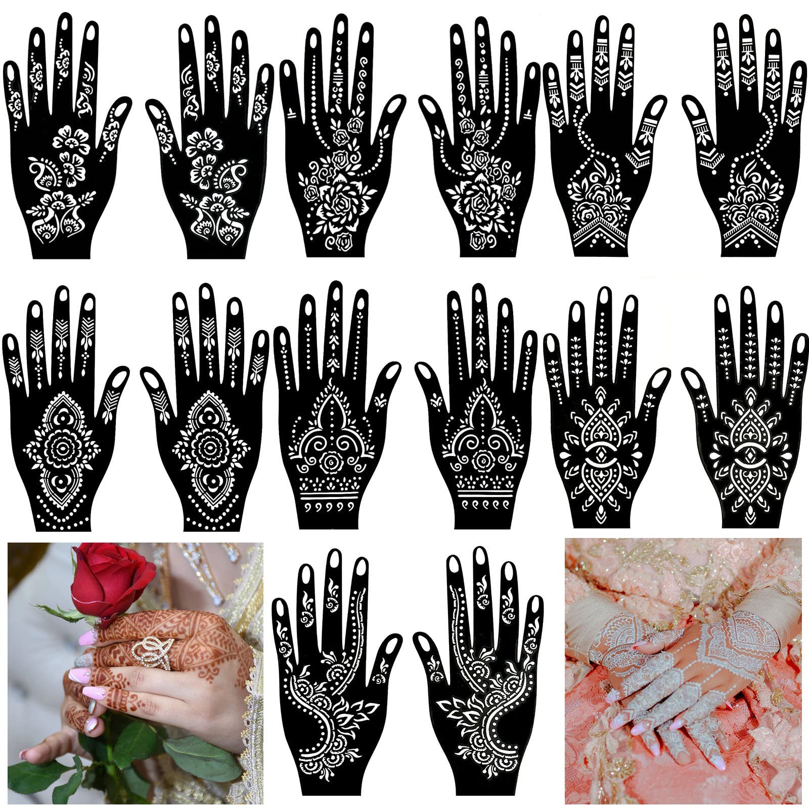 QSTOHENA 14 Sheets Henna Tattoo Stencils Kit for Hand Body Art, Indian Arabian Temporary Tattoo Template Mehndi Stencil Stickers