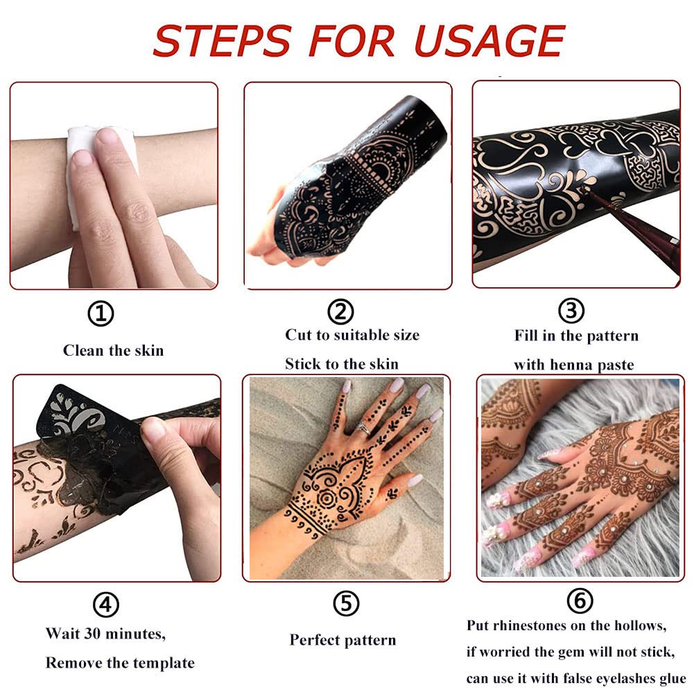 QSTOHENA 14 Sheets Henna Tattoo Stencils Kit for Hand Body Art, Indian Arabian Temporary Tattoo Template Mehndi Stencil Stickers