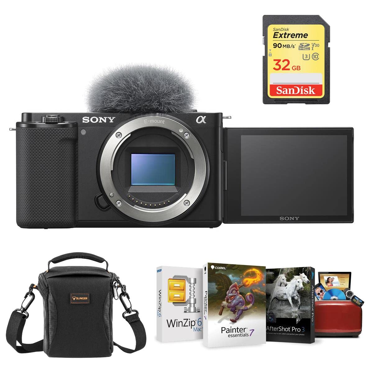 Sony ZV-E10 Mirrorless Camera, Black Bundle with, Corel Mac Photo Editing Software Suite, 32GB SD Card, Shoulder Bag