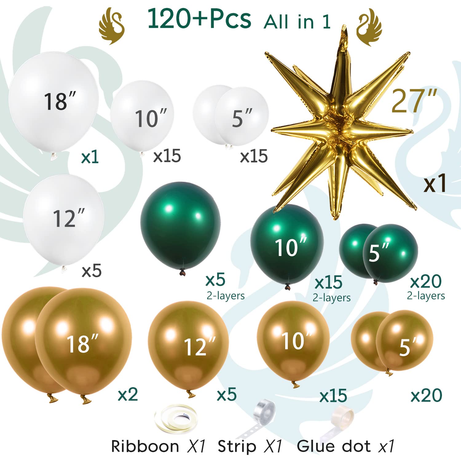 Emerald Green and Gold Balloon Garland Arch Kit 123pcs Double Stuffed Chrome Teal Green Starburst Balloon for luxury Emerald Gold wedding Birthday anniversary graduations Prom Decorations
