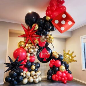 Casino Theme Red and Black Gold balloon garland arch kit With Starburst Dice Crown balloons for casino royale Birthday Las Vegas night hollywood theme party decorations