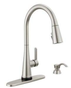 delta 19826tz-spsd-dst greydon touch2o single handle pull down sprayer kitchen faucet with shieldspray technology in spotshield stainless steel (soap dispenser and deck plate included)