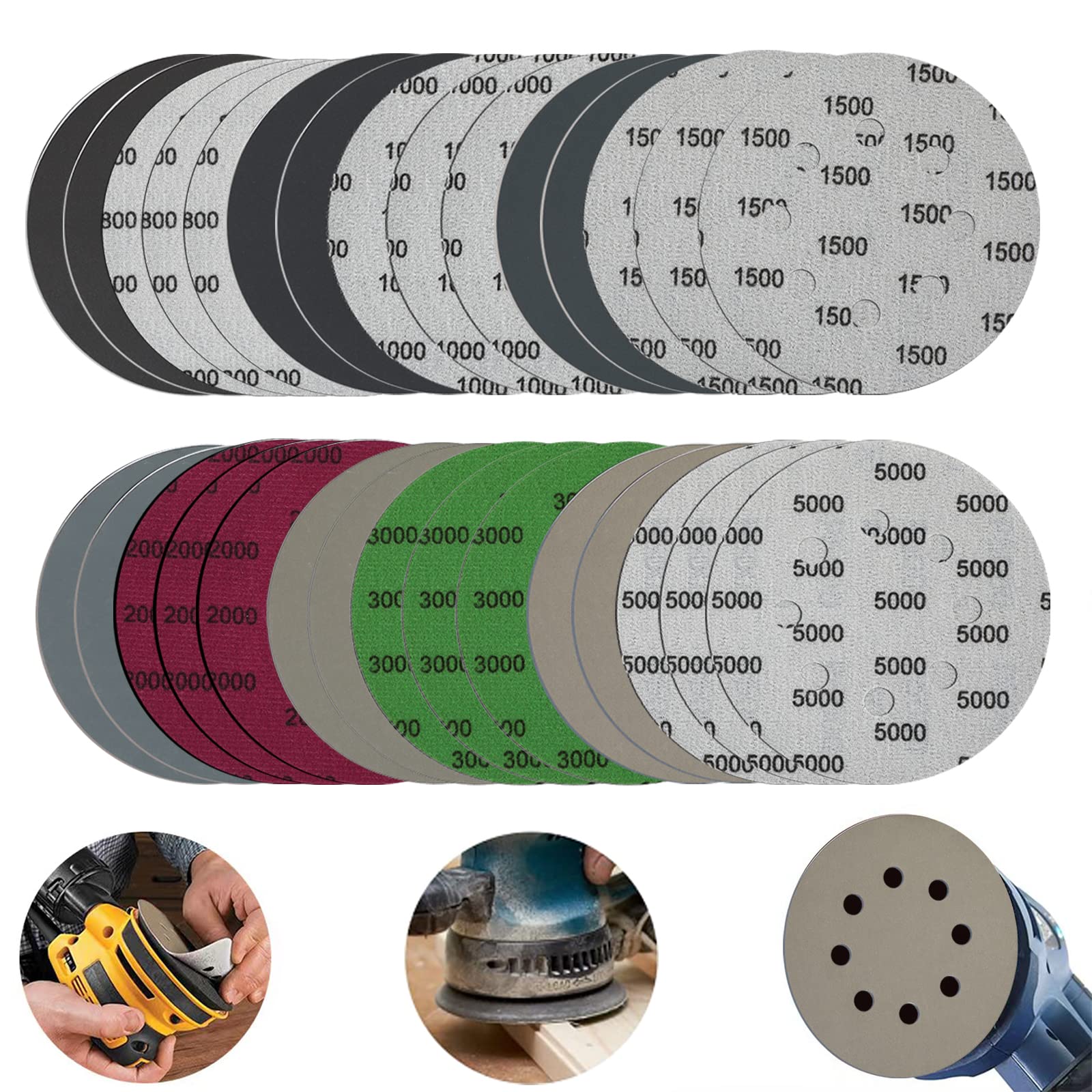 DAKLM 30pcs 5 Inch Sanding Discs Hook and Loop 5 Inch 8 Holes Wet Dry (800/1000/1500/2000/3000/5000) Grit Silicon Carbide Flocking Round Orbital Sandpaper