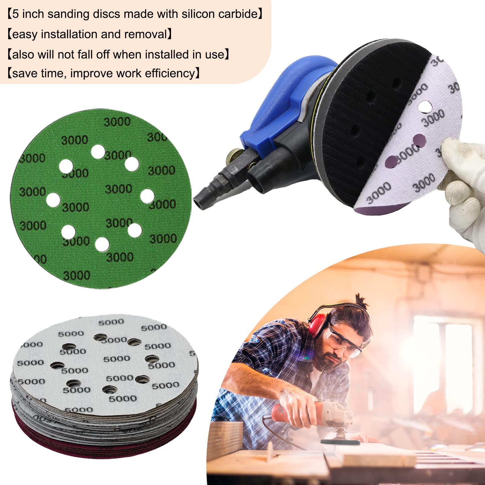 DAKLM 30pcs 5 Inch Sanding Discs Hook and Loop 5 Inch 8 Holes Wet Dry (800/1000/1500/2000/3000/5000) Grit Silicon Carbide Flocking Round Orbital Sandpaper