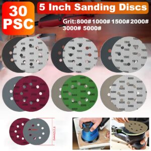 DAKLM 30pcs 5 Inch Sanding Discs Hook and Loop 5 Inch 8 Holes Wet Dry (800/1000/1500/2000/3000/5000) Grit Silicon Carbide Flocking Round Orbital Sandpaper