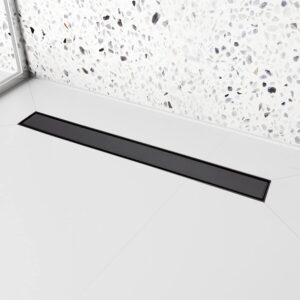 24 inch linear shower drain with removable square hole panel by using 304 stainless steel process, linear drain equipped with adjustable feet and hair strainer（matte black color）