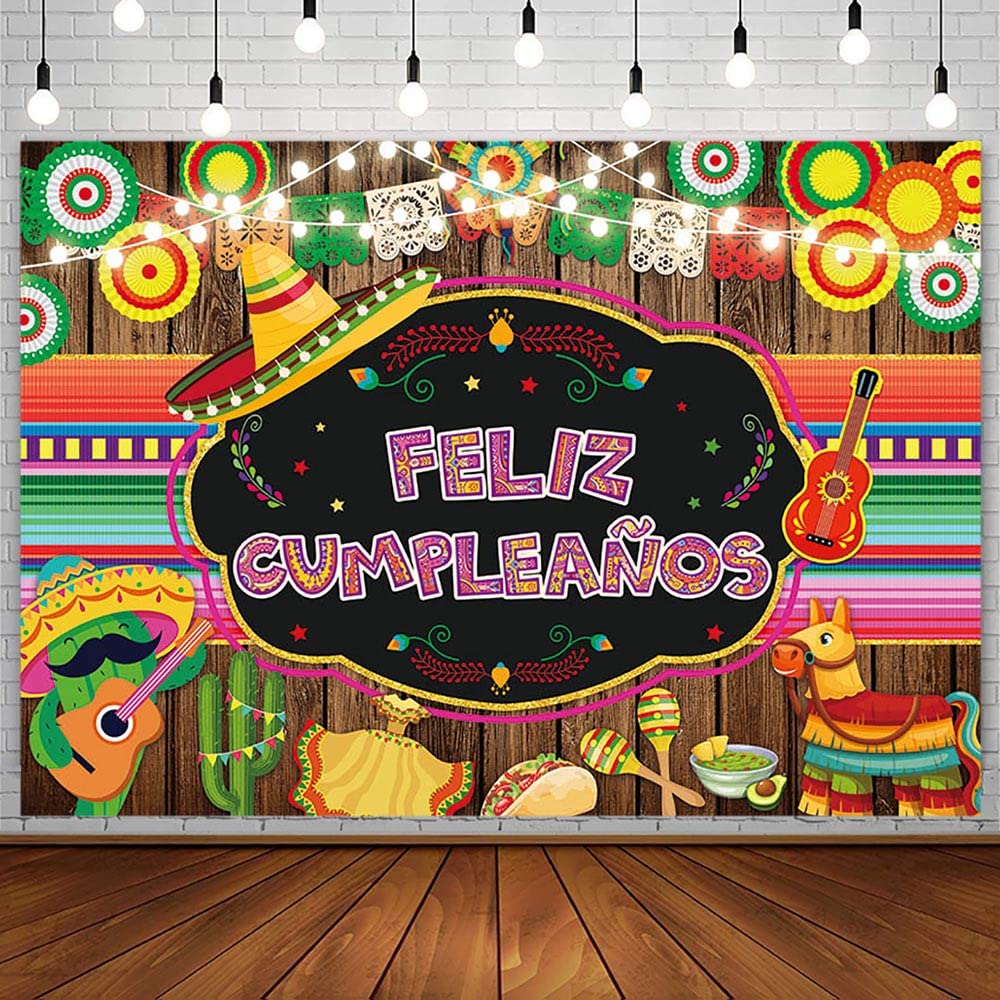 AIBIIN 7x5ft Feliz Cumpleaños Backdrop Mexican Fiesta Happy Birthday Party Decorations Cinco De Mayo Taco Retro Wood Photography Background Festival Colorful Flags Flowers Banner Photo Shoot Props