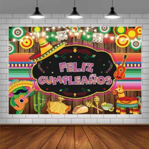 AIBIIN 7x5ft Feliz Cumpleaños Backdrop Mexican Fiesta Happy Birthday Party Decorations Cinco De Mayo Taco Retro Wood Photography Background Festival Colorful Flags Flowers Banner Photo Shoot Props